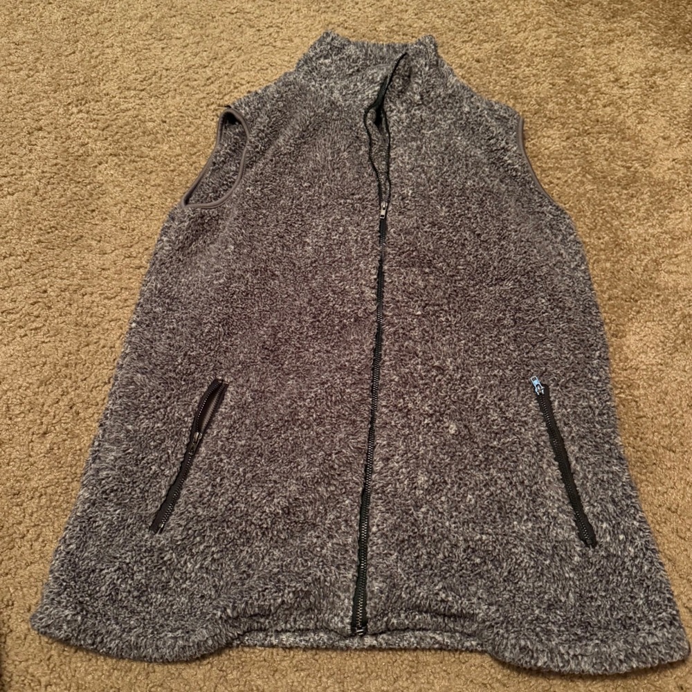 Womens Gray Fuzzy Sherpa Fleece Full Zip Vest Mock Neck Small